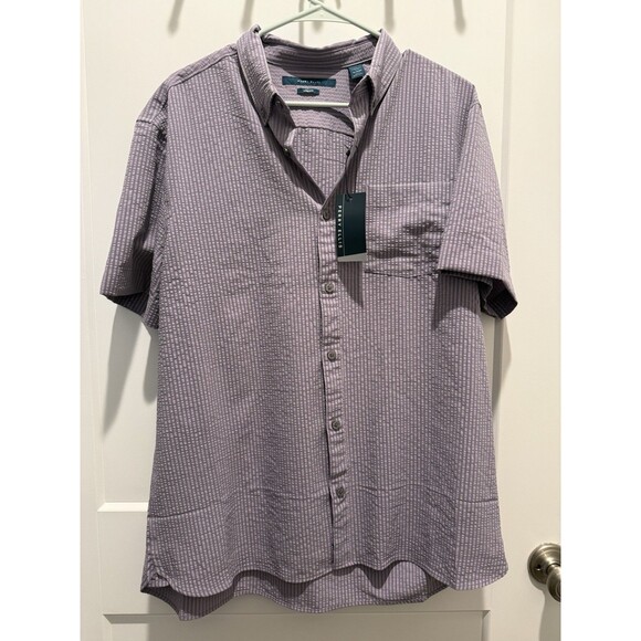 NWT Perry Ellis Stretch Purple Textured Stripe Mens Short Sleeve Button Up XL - Picture 1 of 5